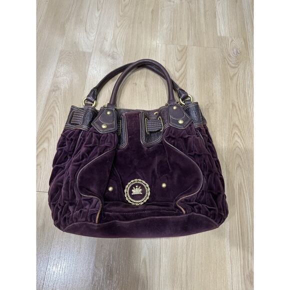 Vintage Y2K Juicy Couture Dark Purple / Maroon Velour Hobo Bag Metal Medallion - Picture 1 of 11